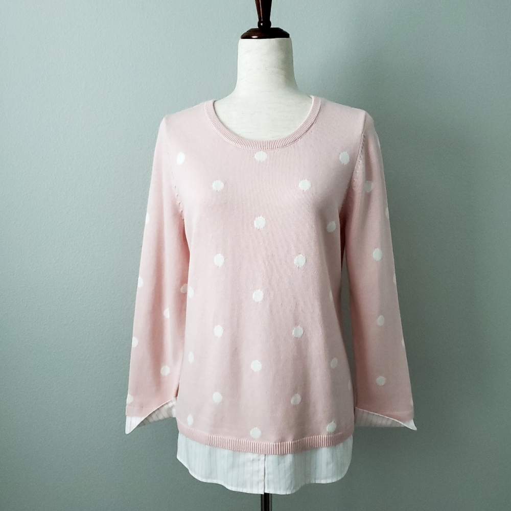 Talbots Layered Look Pink Sweater With White Polka Dots, Size Medium Petite